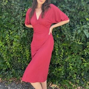 Zara Red Midi Dress with Kimono Sleeve and Empire Waist